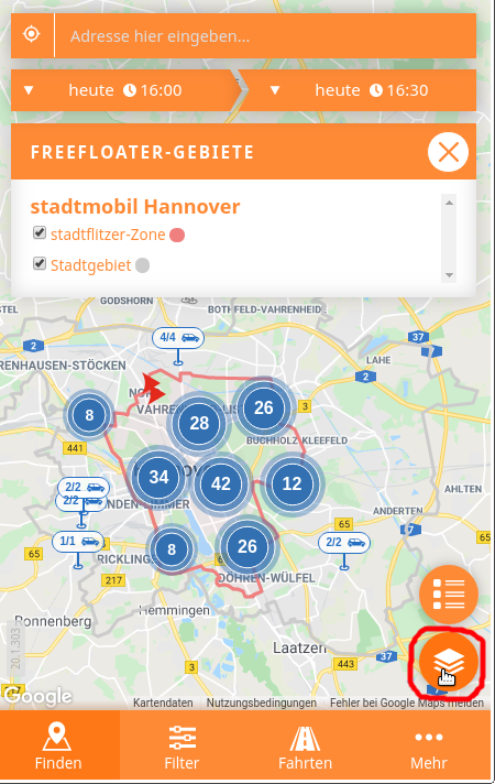 Die stadtmobil carsharing App mit stadtflitzer Bediengebiet