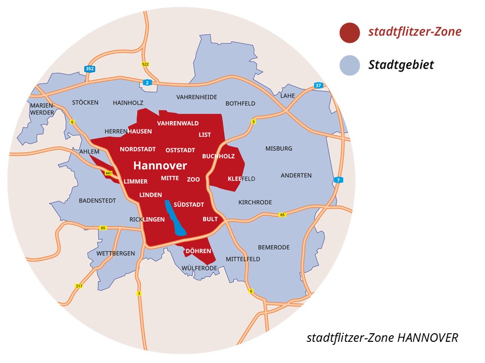 Eine Karte, die das Bediengebiet vom stadtflitzer in Hannover zeigt. Rot gekennzeichnet das stadtflitzer Gebiet, grau gekennzeichnetes Gebiet das Stadtgebiet von Hannover
