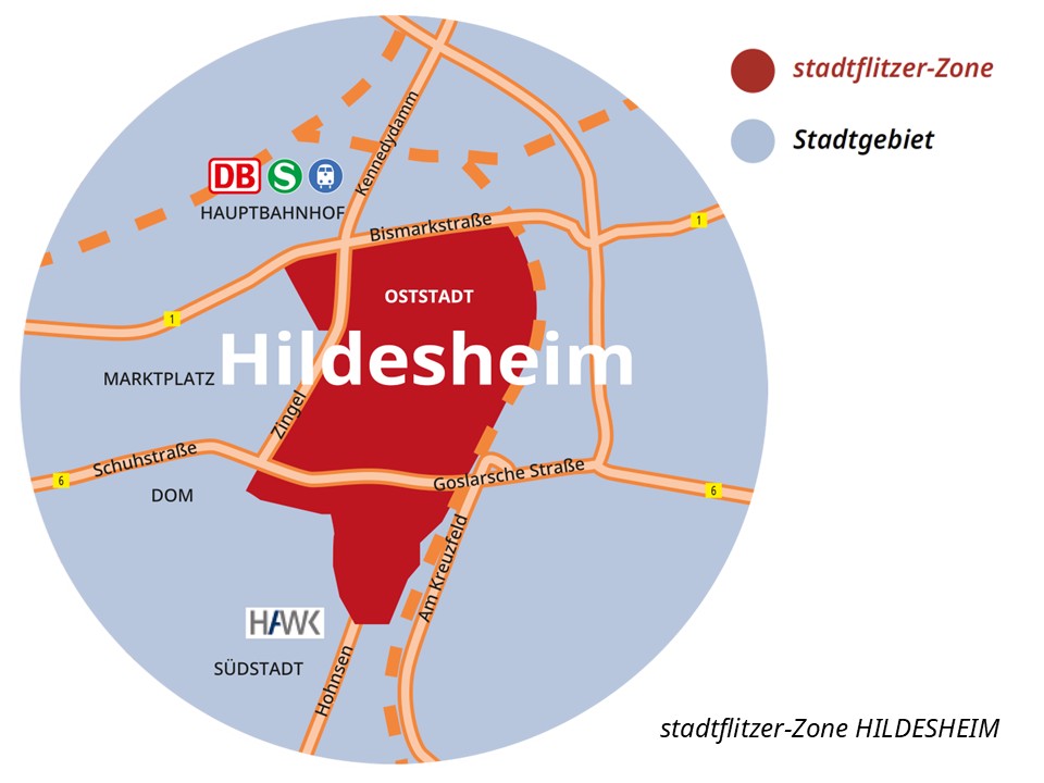Eine Karte mit dem Bediengebiet vom stadtflitzer in Hildesheim