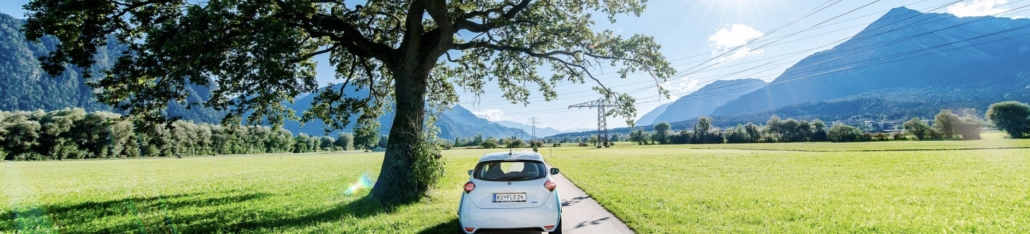 einflomobil Carsharing-Auto fährt auf einer Landstraße zwischen grüner Wiese, in der Ferne alpine Landschaft