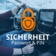 Im Hintergrund Blick auf ein Autocockpit von stadtmobil Hannover, am Lenkrad sind Arme einer Frau zu sehen. Im Vordergrund ein orangenes Sicherheitsschloss, da drunter steht: SICHERHEIT - Passwort & PIN