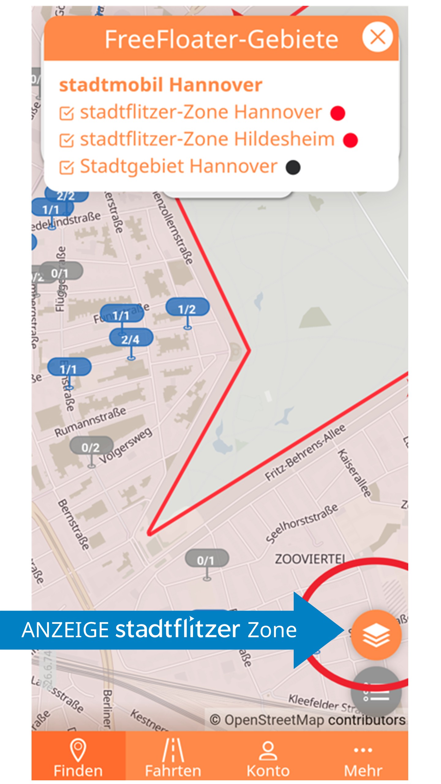 Anzeige der stadtflitzer-Zone in der App über "Ebenen-Button" rechts unten