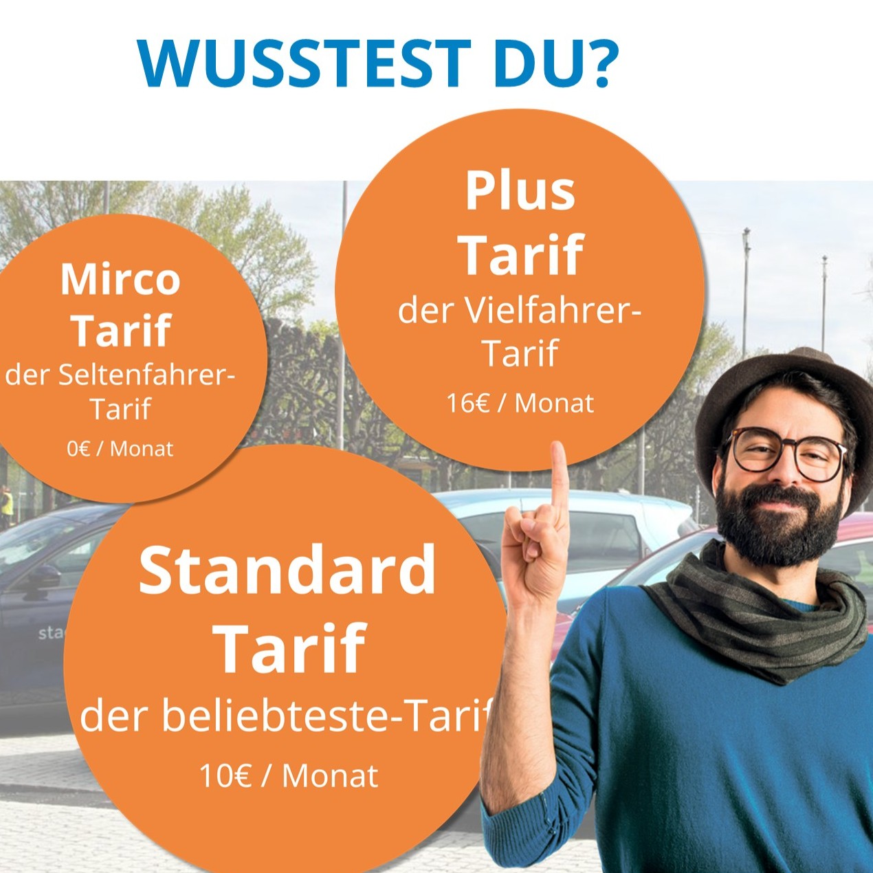 Tarife von stadtmobil - dargestellt in drei orangenen Bubble und einem freundlich lachendem Mann