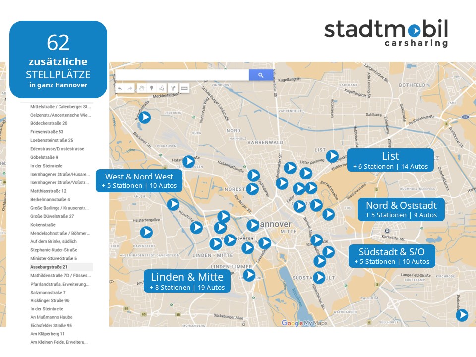 Karte stadtmobil hannover mit 29 Stationen und 62 Stellplätzen, die ab 2027 zusätzlich dazu kommen