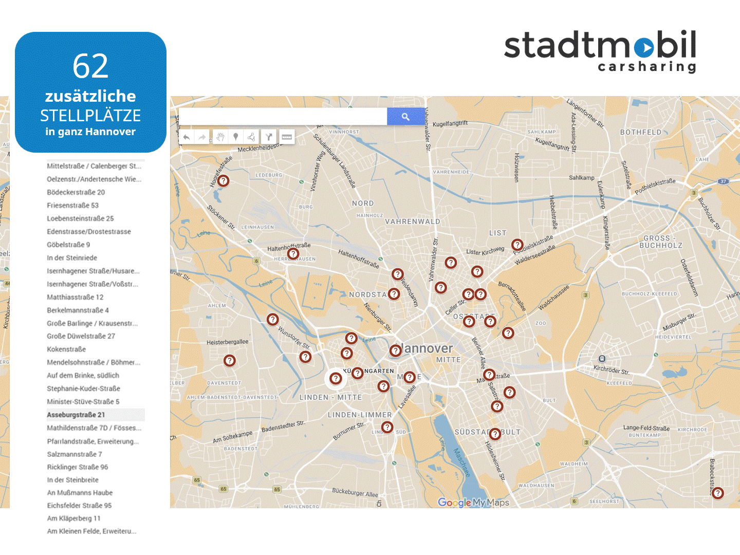 Karte zu 62 zusätzlichen Stellplätzen und 29 Stationen in Hannover für das Carsharing