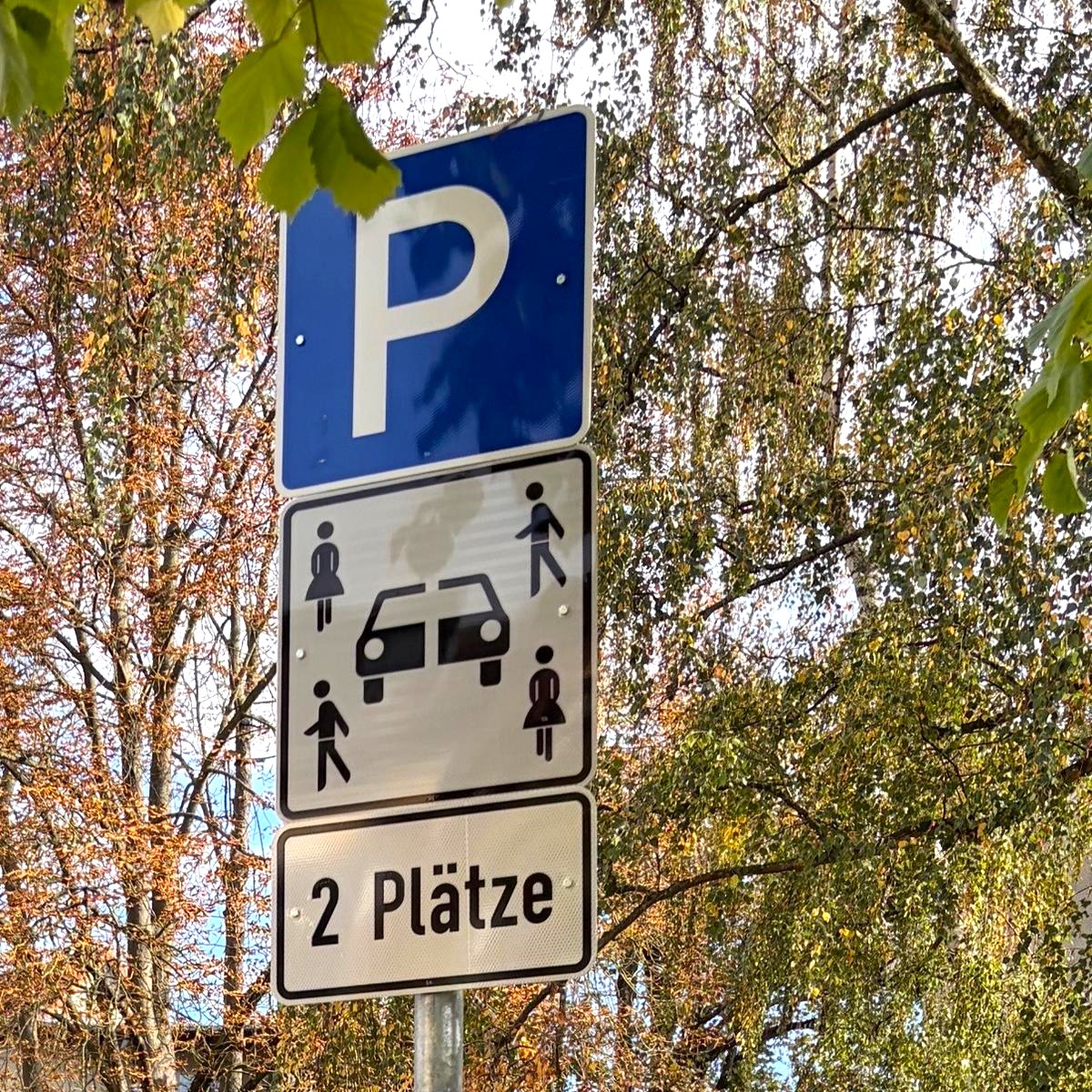 Carsharing-Beschilderung mit Parkschild, Carsharing-Sinnbild und Zusatzzeichen „2 Plätze"